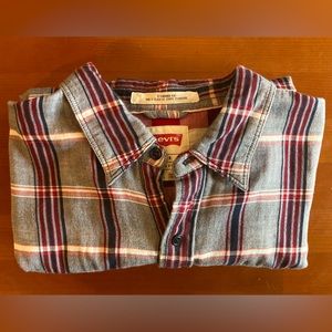Levi’s Mens Lined Shirt Size L Long Sleeve Button Front Red Blue Gray Plaid